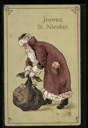 Präge-AK Weihnachtsmann packt seinen Sack