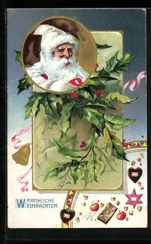 AK Weihnachtsmann mit Stechpalmenzweig und Lebkuchen