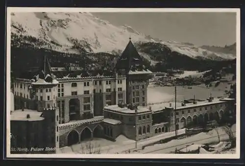 AK St. Moritz, Palace Hotel im Winter aus der Vogelschau