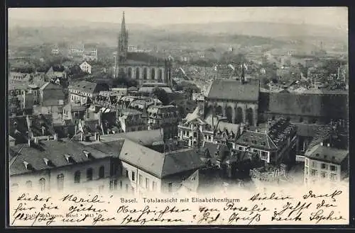 AK Basel, Totalansicht mit Elisabethenturm aus der Vogelschau