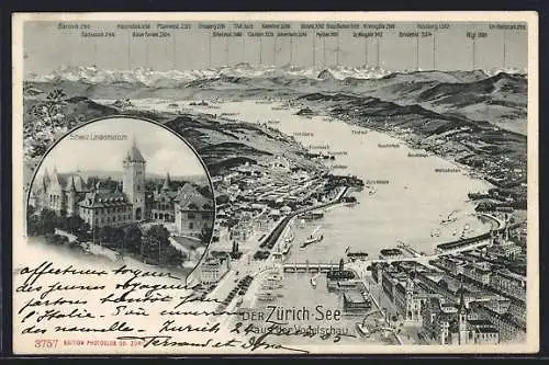 AK Zürich, Schweizer Landesmuseum, Zürichsee mit Zürichhorn, Zollikon u. Rigi, Adolf Grieder & Cie. Seidenstoff-Versandt