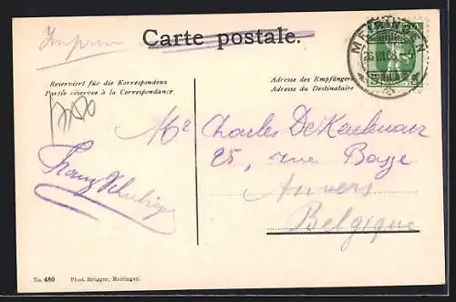 AK Meiringen, Strassenpartie mit Pferdekutsche und Fussgängern