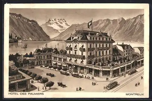AK Montreux, Hotel des Palmiers, Strassenbahn