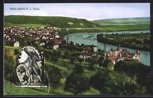 AK Waldshut /Rh., Gesamtansicht mit Rhein, Wappen