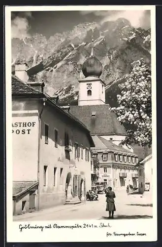 AK Gröbming, Strassenpartie mit Gasthof Post und Hotel Spanberger