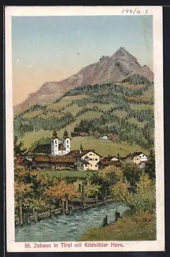 Künstler-AK St. Johann in Tirol, Ortsansicht mit Fluss und Kitzbüheler Horn