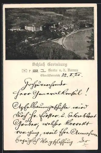 AK Grein a. d. Donau, Ortsansicht mit Schloss Greinberg aus der Vogelschau