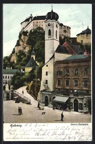 AK Kufstein, Oberer Stadtplatz mit Blick zum Schloss hinauf, um 1900
