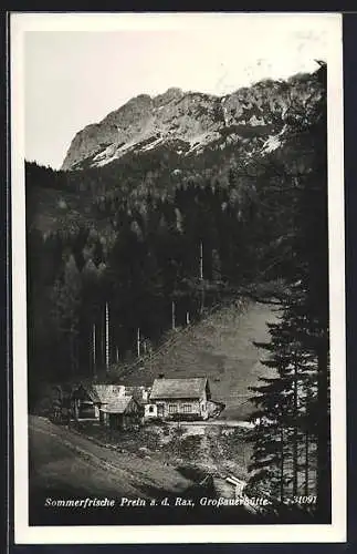 AK Prein a. d. Rax, Grossauerhütte mit Bergpanorama aus der Vogelschau