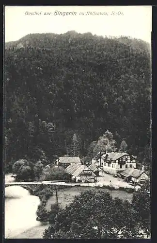 AK Schwarzau im Gebirge, Gasthof zur Singerin im Höllentale, mit Brücke aus der Vogelschau