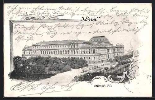 Künstler-AK Wien, Universität mit Anlagen und Strasse aus der Vogelschau