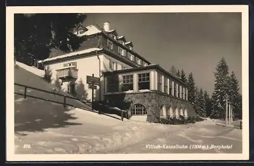 AK Villach, Kanzelbahn, Hotel Kanzelhöhe Hans Fritz, Ansicht im Winter