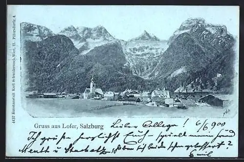 Mondschein-AK Lofer /Salzburg, Orts- und Bergpanorama aus der Vogelschau