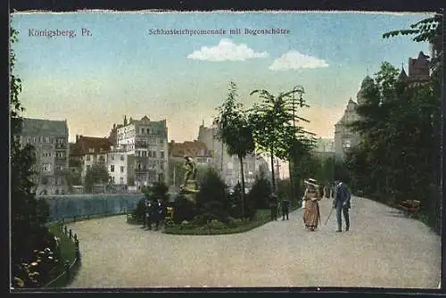 AK Königsberg /Pr., Schlossteichpromenade mit Bogenschütze