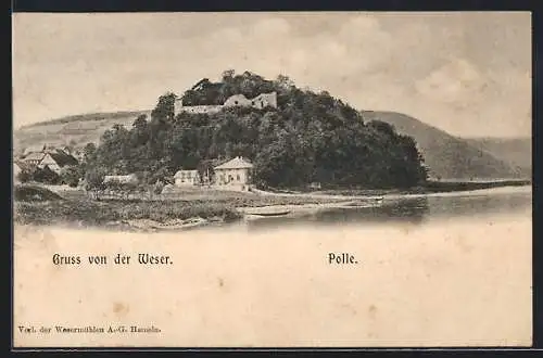 AK Polle, Ortsansicht von der Weser aus