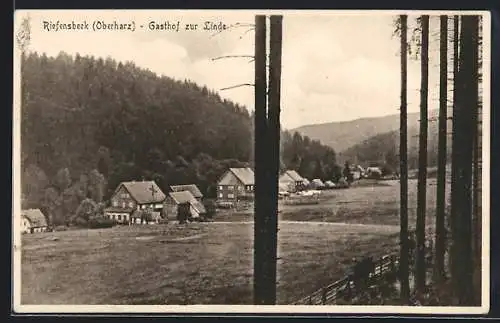 AK Riefensbeek /Harz, Gasthof zur Linde mit Ortsansicht und Bergen