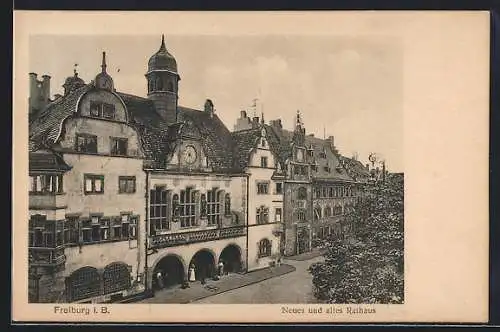 AK Freiburg i. B., Neues und altes Rathaus aus der Vogelschau