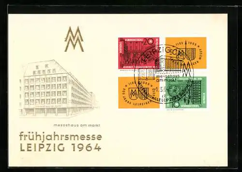 AK Leipzig, Leipziger Frühjahrsmesse 1964, Messehaus am Markt, Briefmarken, Logo