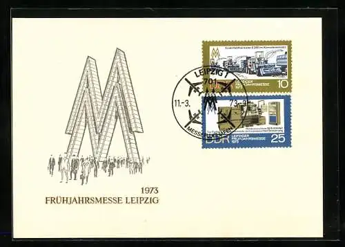 AK Leipzig, Leipziger Frühjahrsmesse 1973, Messe-Logo als Buchstaben-Skulptur, Briefmarken