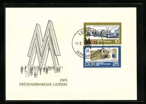 AK Leipzig, Leipziger Frühjahrsmesse 1973, Buchstaben-Skulptur Messelogo, Briefmarken