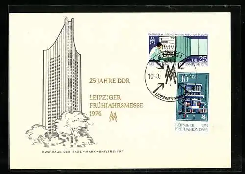 AK Leipzig, Leipziger Frühjahrsmesse 1974, 25 Jahre DDR, Hochhaus der Universität, Briefmarken