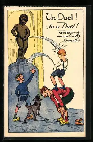 Künstler-AK Bruxelles, Mannekin Pis, In a Duel!