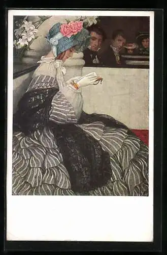 Künstler-AK M.Munk Nr. 378: Männer beobachten Frau beim Lesen der Bibel