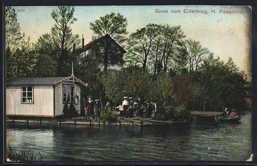 AK Kiel, Gasthaus Eiderkrug H. Poeschke, vom Wasser gesehen