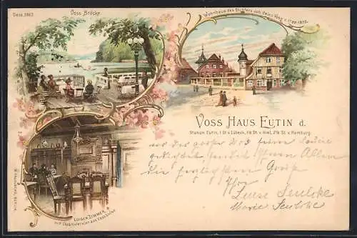 Lithographie Eutin, Voss Brücke, Luisen Zimmer, Wohnhaus d.Dichters Joh. H. Voss, gerahmte Ansichten, Blumenverzierung