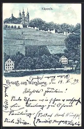 Lithographie Würzburg, Käpelle mit Feldern