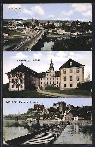 AK Saalfeld / Saale, Generalansicht mit der Brücke in die Stadt, vor dem Schloss, Partie an der Saale