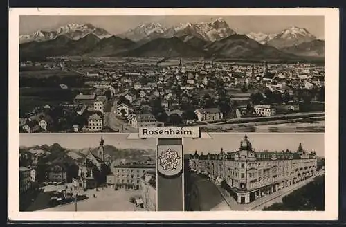 AK Rosenheim / Bayern, Strasseneck mit Senft-Geschäftshaus, Blick auf den Platz