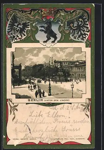 Passepartout-Lithographie Berlin, Passanten Unter den Linden beim Kaiser-Wilhelm-Denkmal nebst dem Berliner Wappen