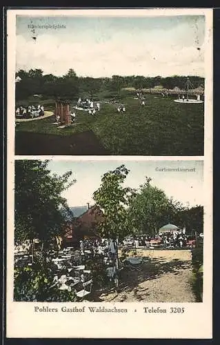 AK Waldsachsen / Meerane, Pohlers Gasthof, Gartenrestaurant, Kinderspielplatz