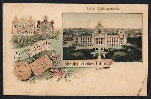 AK Berlin, Cakes-Fabrik Gebr. Thiele, Leipziger Strasse 34, Reichstaggebäude