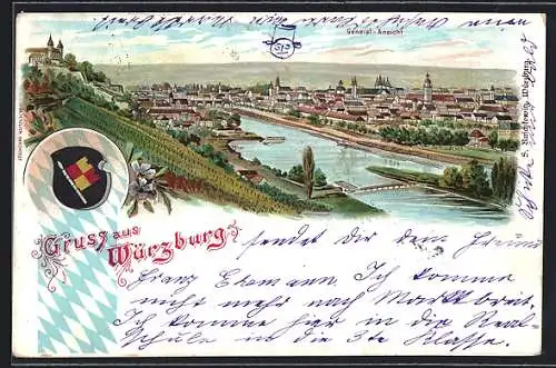 Lithographie Würzburg, Totalansicht der Stadt