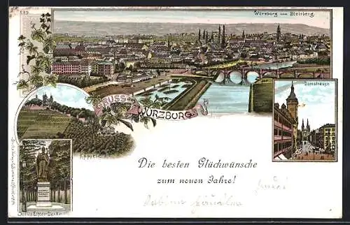 Lithographie Würzburg, Ortsansicht vom Steinberg, Domstrasse, Käppele, Julius Echter-Denkmal