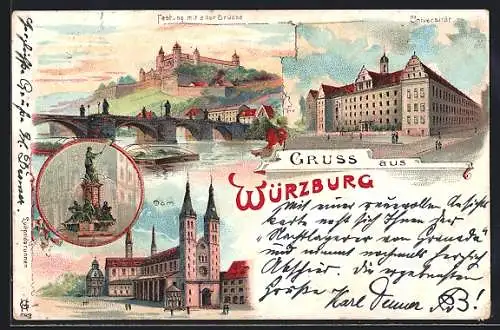 Lithographie Würzburg, Festung mit alter Brücke, Dom, Luitpoldbrunnen