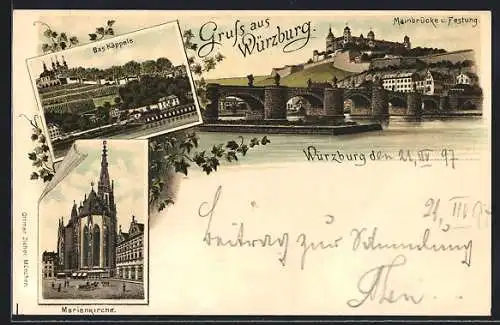 Lithographie Würzburg, Mainbrücke und Festung, Das Käppele, Kirche