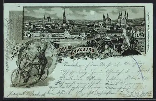 Mondschein-Lithographie Würzburg, Teilansicht der Stadt, Paar grüsst vom Tandem