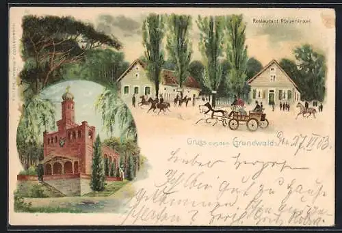 Lithographie Berlin-Grunewald, am Restaurant Pfaueninsel, die Kirche