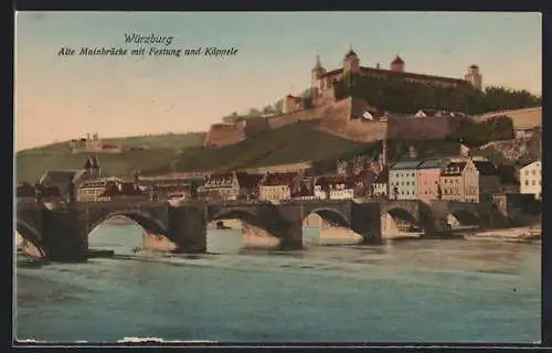 AK Würzburg, Alte Mainbrücke mit Festung und Käppele