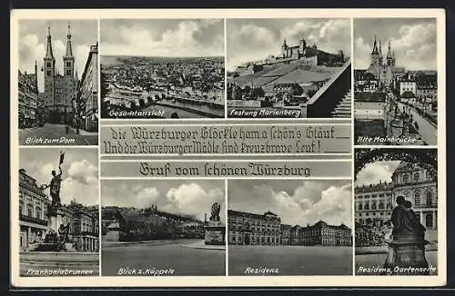 AK Würzburg, Festung Marienberg, Alte Mainbrücke, Residenz Gartenseite