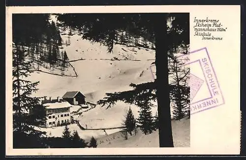 AK Innerkrems, Skiheim / Skischule Hutmannshaus im Winter aus der Vogelschau