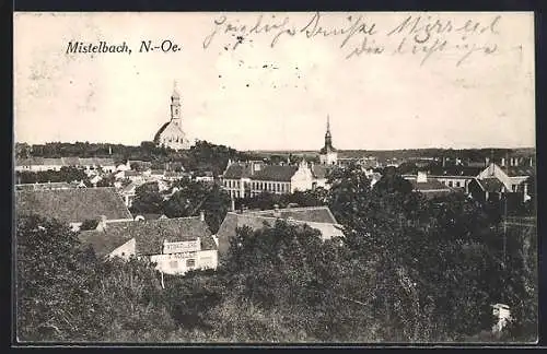 AK Mistelbach, Ortsansicht mit Kirchen