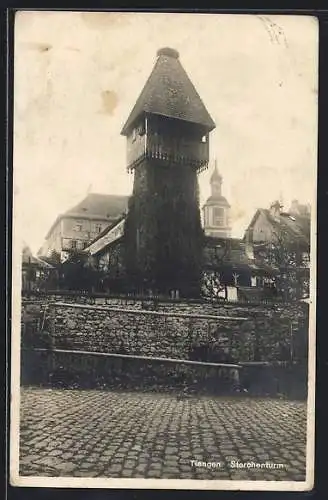 AK Tiengen / Hochrhein, Storchenturm mit Strassenpartie
