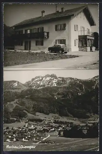 AK Aschau /Chiemgau, Haus mit Auto, Ortsansicht aus der Vogelschau