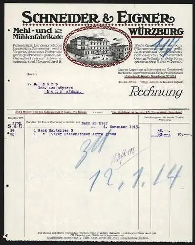 Rechnung Würzburg 1913, Schneider & Eigner, Mehl- & Mühlenfabrikate, Das Geschäftsgelände mit Betriebshof