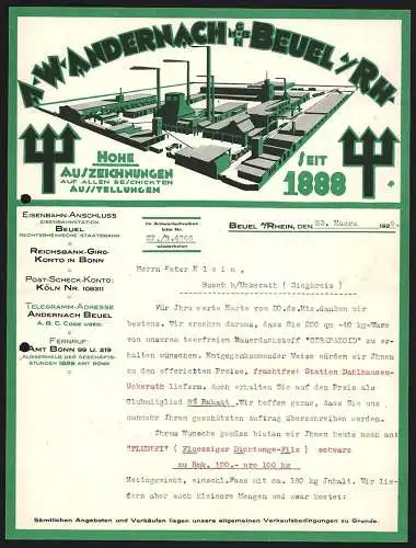 Rechnung Beuel a. Rhein 1929, Firma A. W. Andernach GmbH, Modellansicht der Fabrikanlage