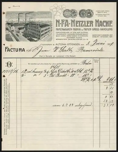 Rechnung Altona-Ottensen 1909, N. F. A. Netzler Nachf., Papierwaren-Fabrik, Das Geschäftsgelände und Messe-Medaillen